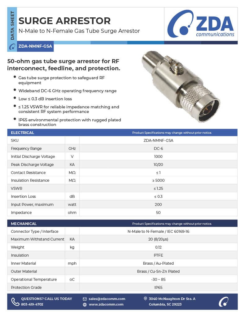 N-Male to N-Female Gas Tube Surge Arrestor | DC-6 GHz | 50 Ω datasheet